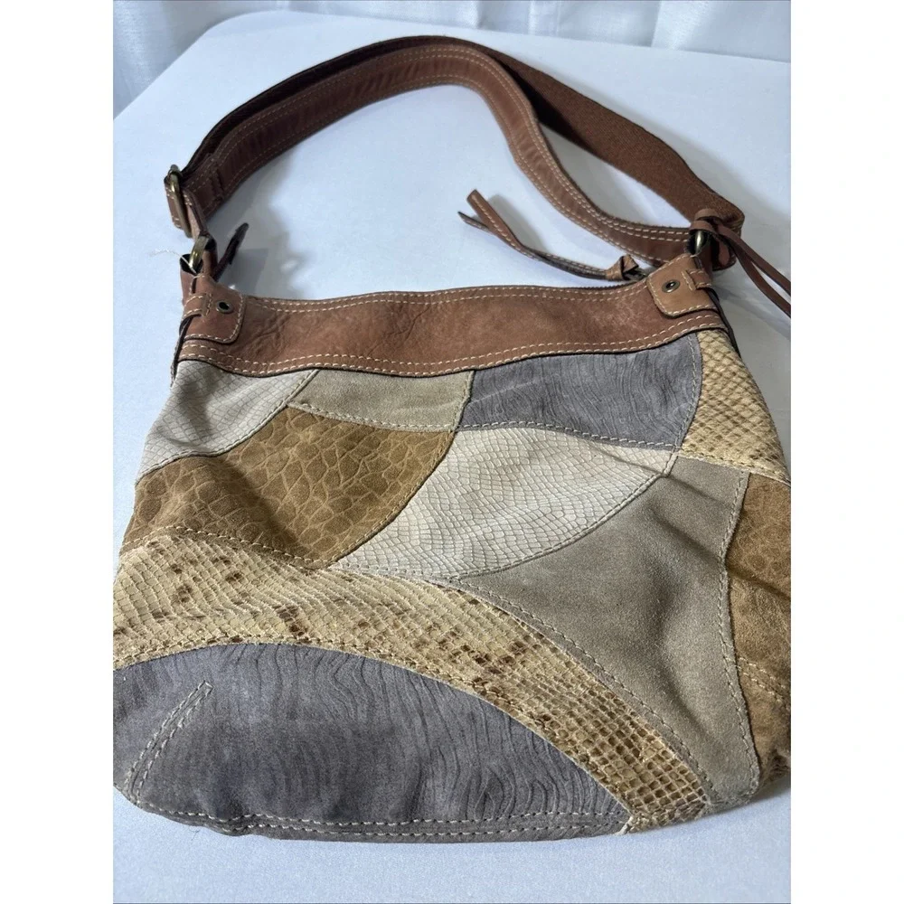 VTG Fossil Suede/Leather Snake Patchwork Shoulder Crossbody HOBO Bag Purse‎ BOHO